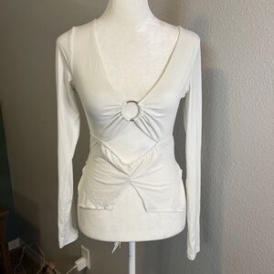 Princess Polly White Vneck Geometric Crop Top Long Sleeve Satin Feel Size 2